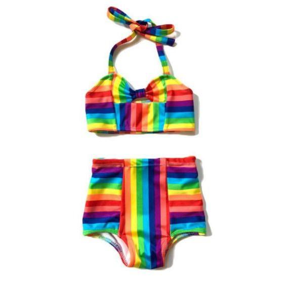 Bộ dồ bơi bikini bảy sắc cầu vồng dễ thương cho bé gái nhỏ đi biển đi bơi