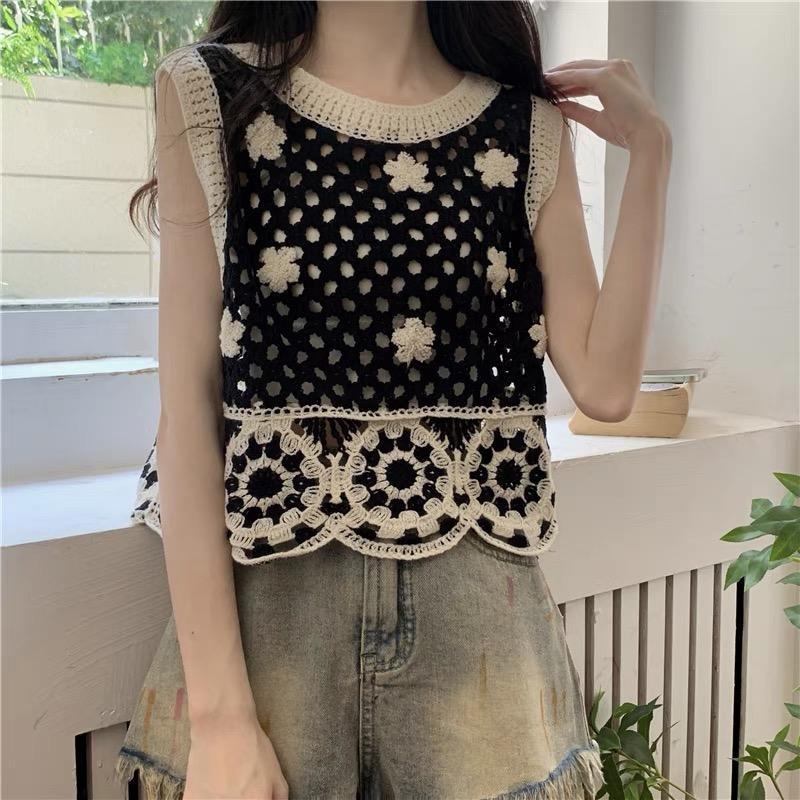 MS1085 Áo ba lỗ đan móc đính hoa đi chơi đi biển