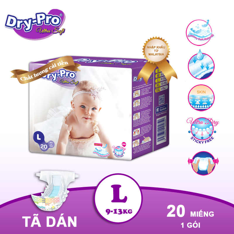 Tã/bỉm dán Dry-Pro siêu mềm nhập khẩu Malaysia size L (9kg - 13kg) - Gói 20 miếng