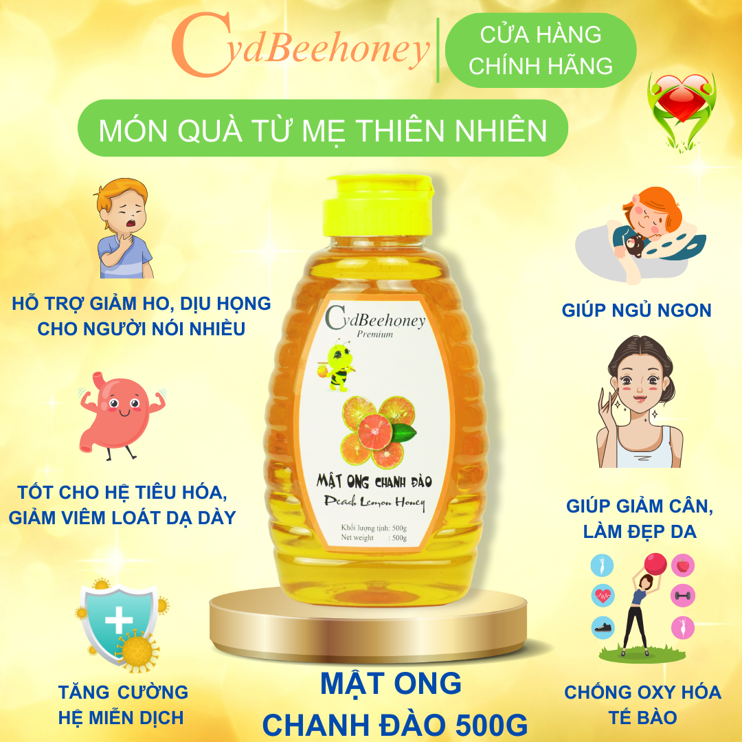 Mật ong Chanh Đào Nguyên Chất, Tăng Đề Kháng, Phục Hồi Sức Khỏe, Đẹp Da Cho Người Già, Trẻ Em, Nam, Nữ CVDBEEHONEY 500g