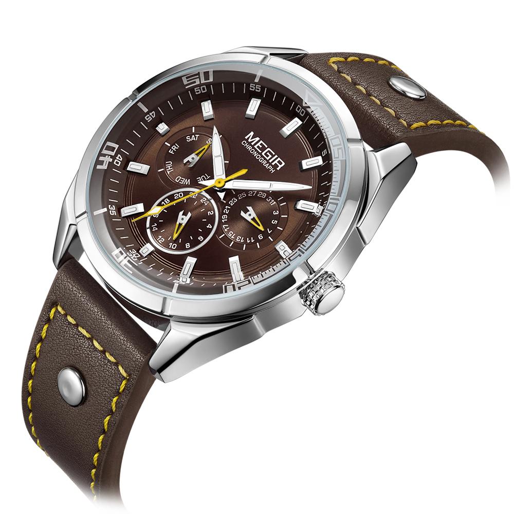 Đồng hồ thể thao MEGIR Chronograph Nam Đồng hồ thạch anh Dây da dạ quang Đồng hồ đeo tay - Màu cà phê