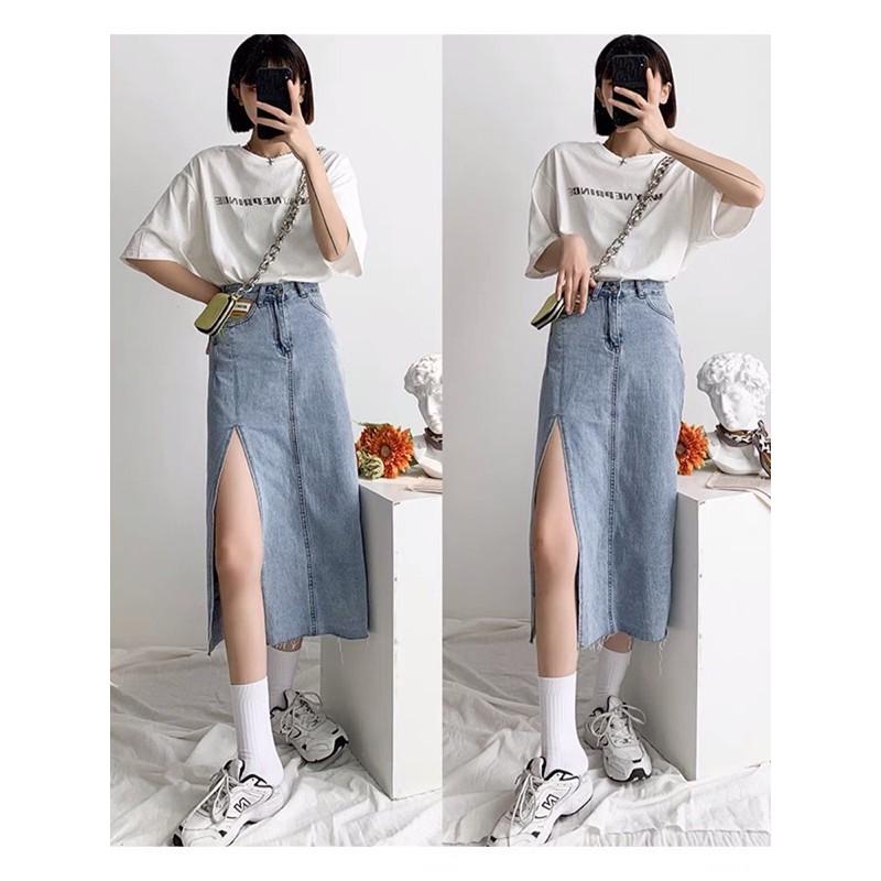HOT HIT CHÂN VÁY JEANS DÀI XẺ HÔNG - ảnh thật trải sàn