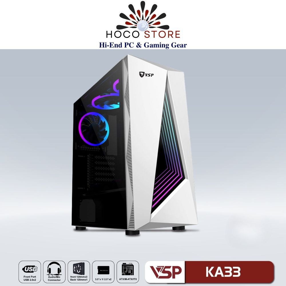 Vỏ Case Máy Tính VSP Gaming KA33 - (ATX) Mặt Trước LED RGB, Mặt Hông Kính Cường Lực - HÀNg Chính Hãng