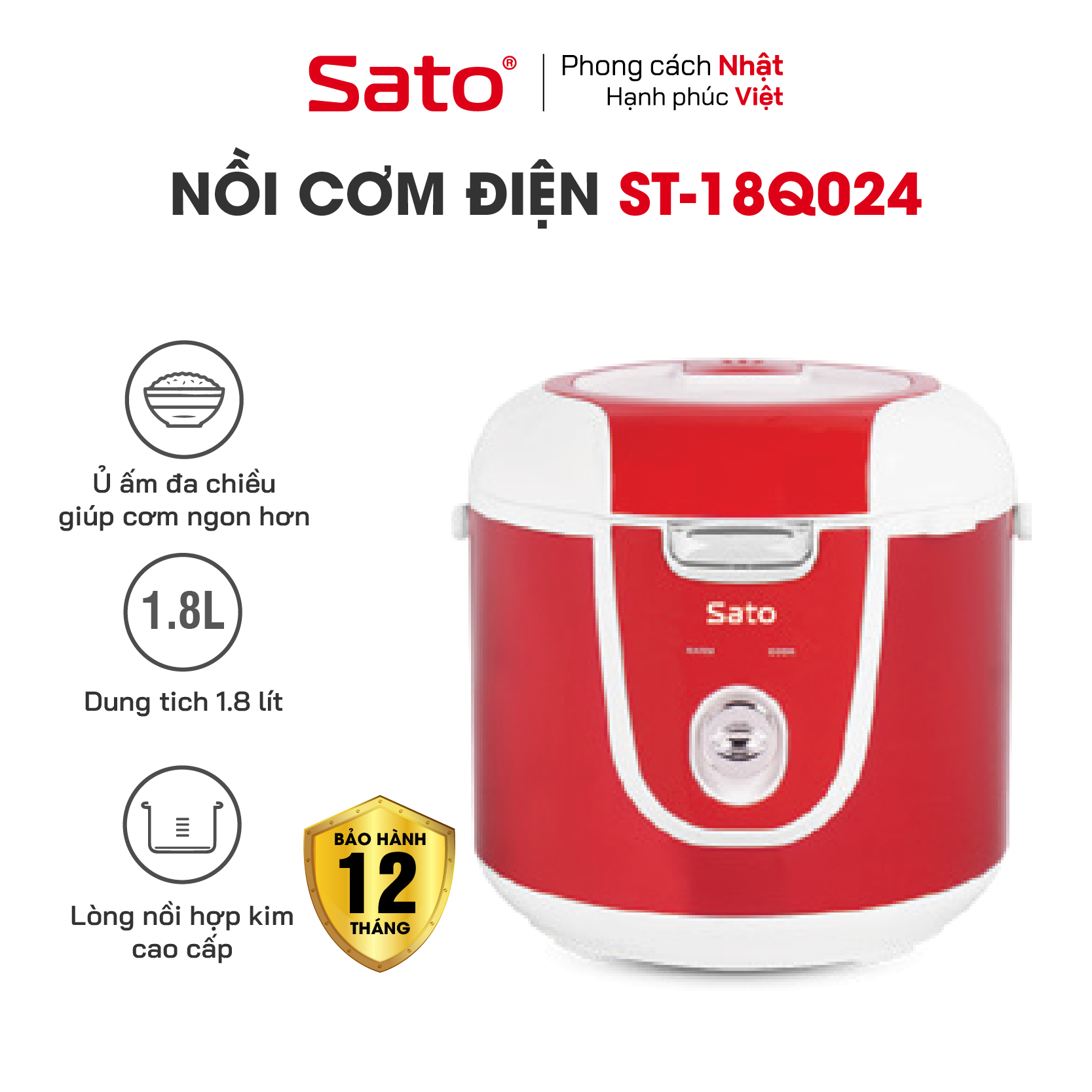 Nồi Cơm Điện SATO 18Q024 1.8L - Thiết kế quai xách chắc chắn, chống tràn tốt, nút điều khiển đơn giản, tiện dụng - Miễn phí vận chuyển toàn quốc - Hàng chính hãng