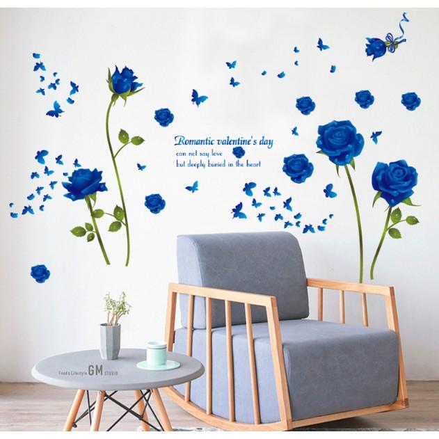 Decal trang trí tường - Hoa Hồng Xanh Biển đậm xinh lung linh