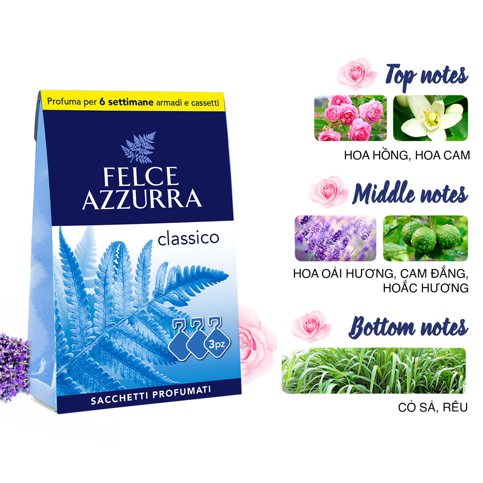 Túi thơm treo tủ quần áo hương nước hoa cổ điển Ý Felce Azzurra 36gr