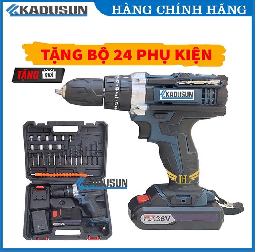 Máy Khoan pin Kadusun 3 chức năng có búa tặng kèm bộ phụ kiện 24 chi tiết