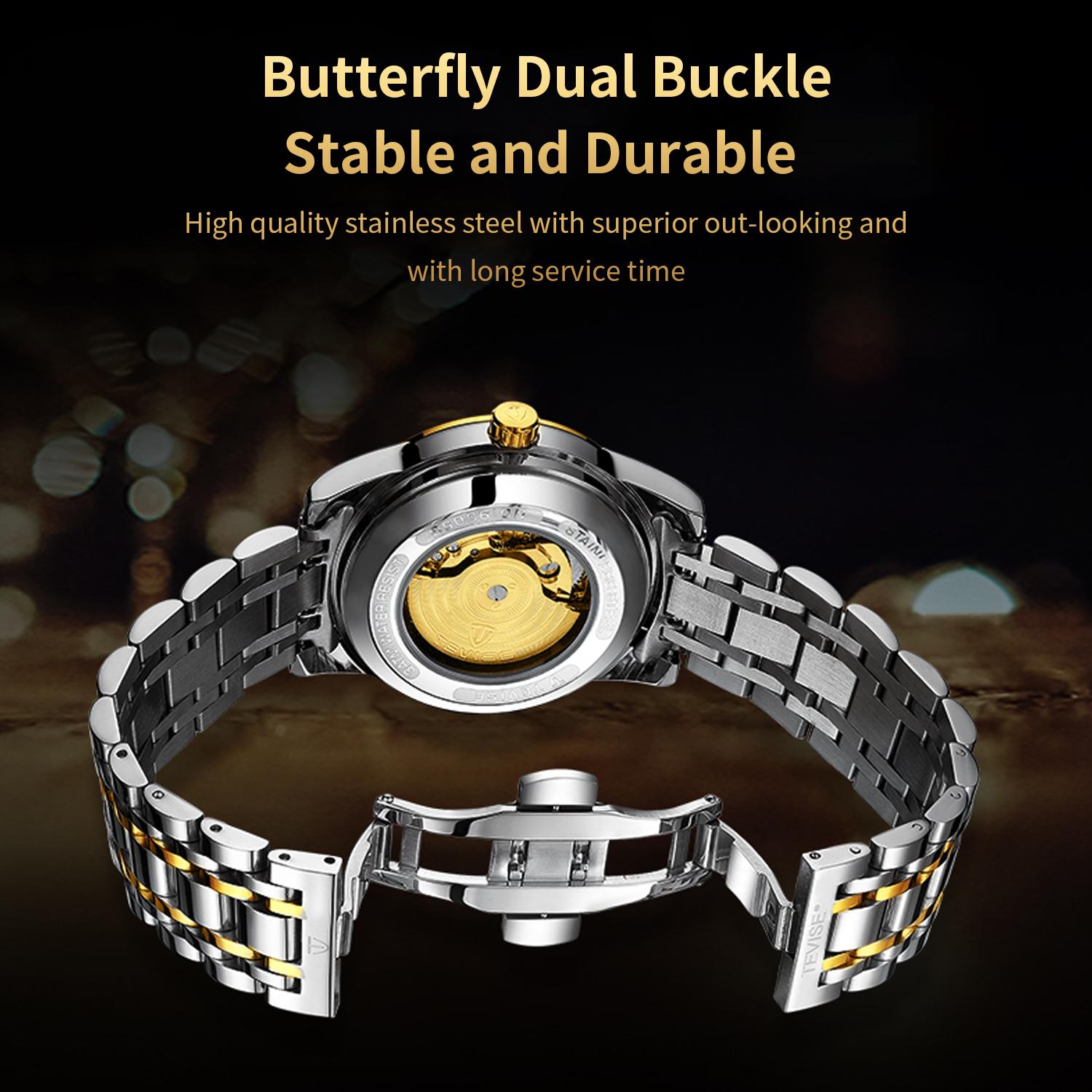 Đồng hồ nam dạ quang Tevise Skeleton/Tourbillon không thấm nước Moon Phase - Vàng & Đen