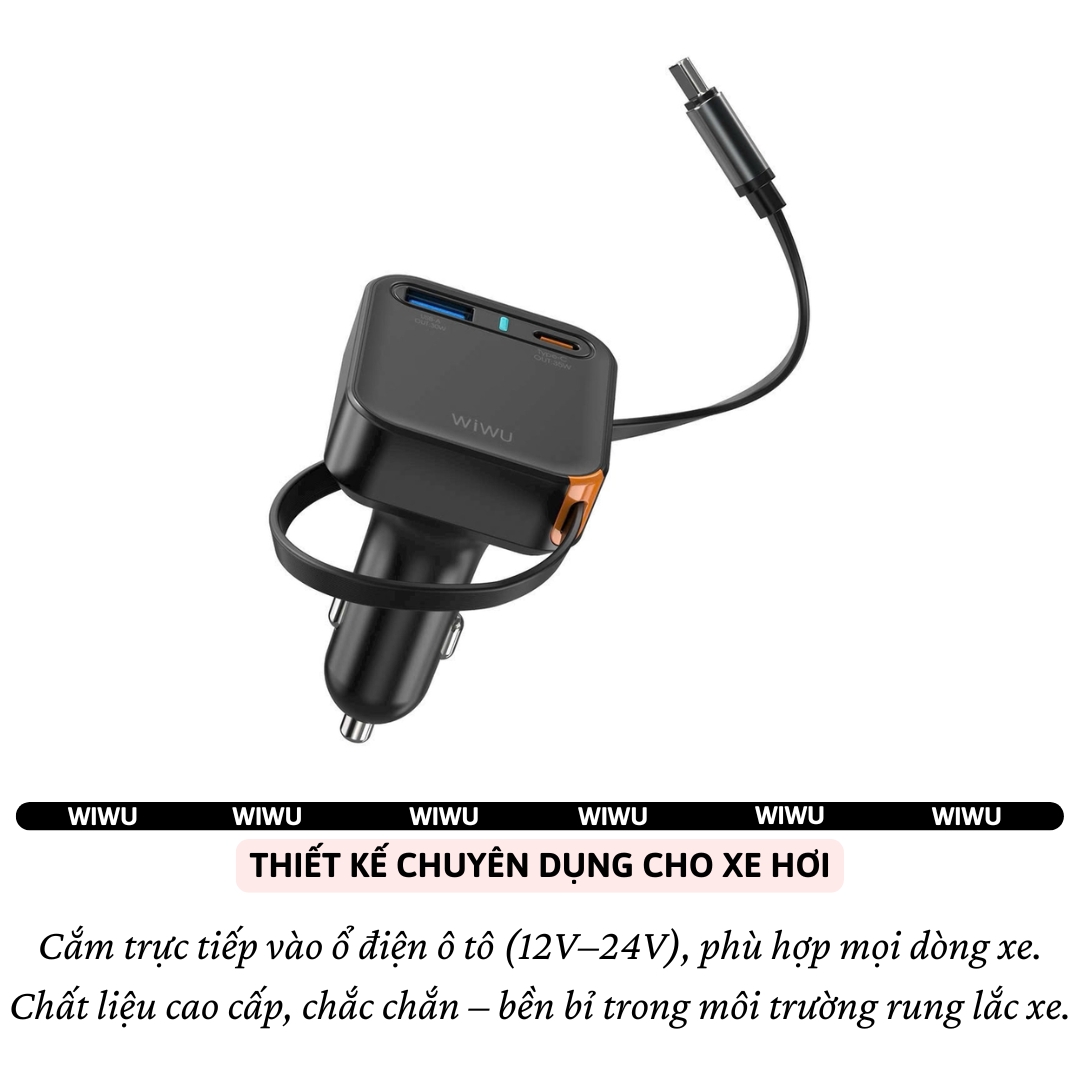 Tẩu củ sạc nhanh PD 65W cho xe hơi ô tô PD3.0 Type-C + 1 USB-A QC3.0 kèm dây sạc rút Type-C 66cm hiệu WIWU Helix cho iphone 17 16 15 iPad pro air Gen Vivo Oppo samsung Macbook - Trang bị chip Ai điều chỉnh dòng, Chống cháy, hợp kim nhôm - Hàng nhập khẩu