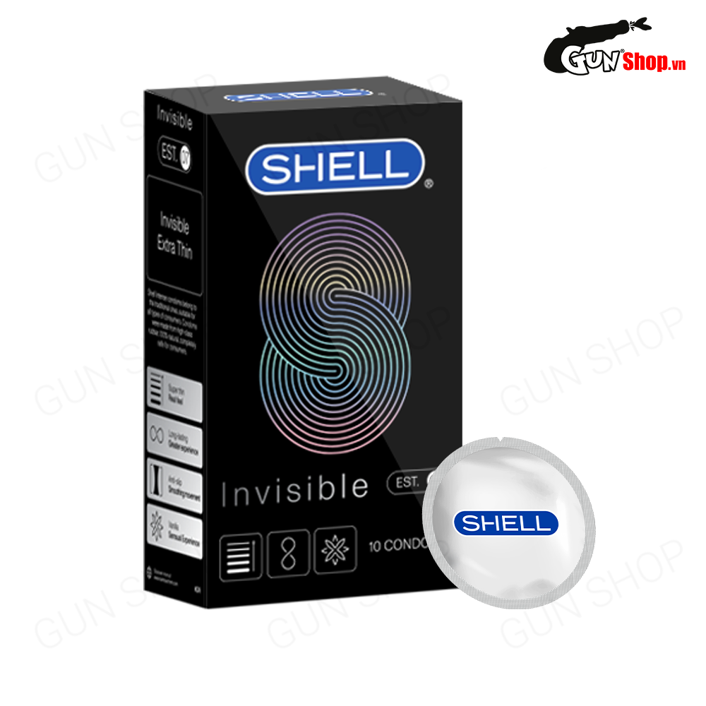 Bao cao su Shell Invisible siêu mỏng, chống tuột, kéo dài thời gian - Hộp 10 cái | SHELL CHÍNH HÃNG