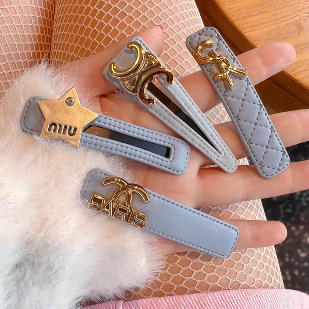 Set 4 Cái Kẹp Mái Da Charm Màu Xanh Hoạ Tiết Ngôi Sao, Kẹp Tóc Bằng Da Phong Cách Hàn Quốc