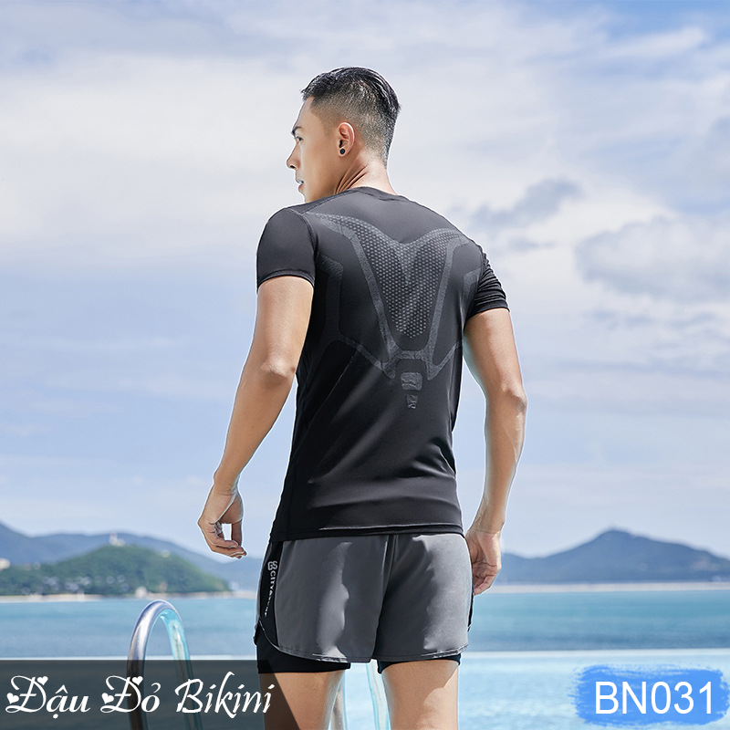 Bộ đồ bơi nam ngắn tay + quần boxer 2 lớp, họa tiết mạnh mẽ, set quần áo đi biển, đi bơi cho nam giới, chất thun bơi dày dặn mịn mát đẹp | BN031