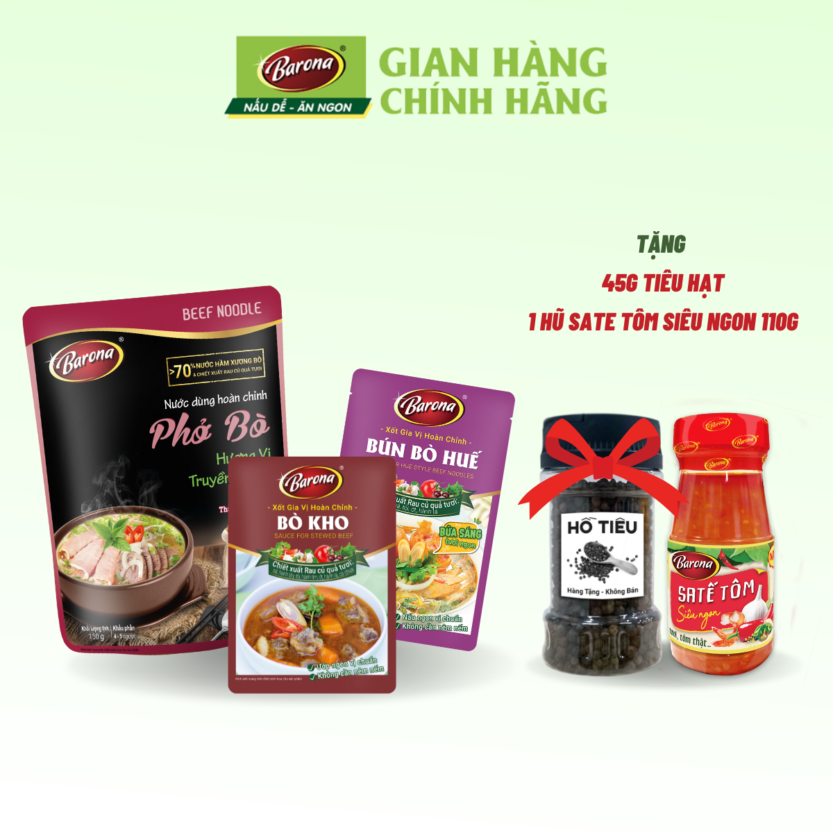 Hình ảnh Nước dùng Phở bò Barona 150g, Bún bò 110g, Bò kho 80g [tặng 1 hũ sate tôm Siêu ngon 110g + 45g tiêu hạt]