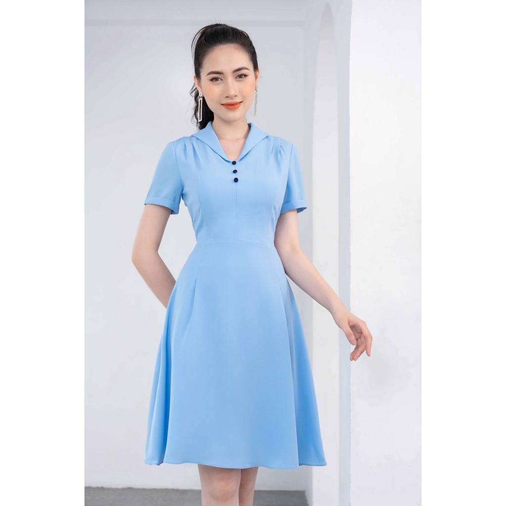 Đầm chiffon xanh ngọc, dáng xòe, cổ sam đính cúc TOSON 44071A11