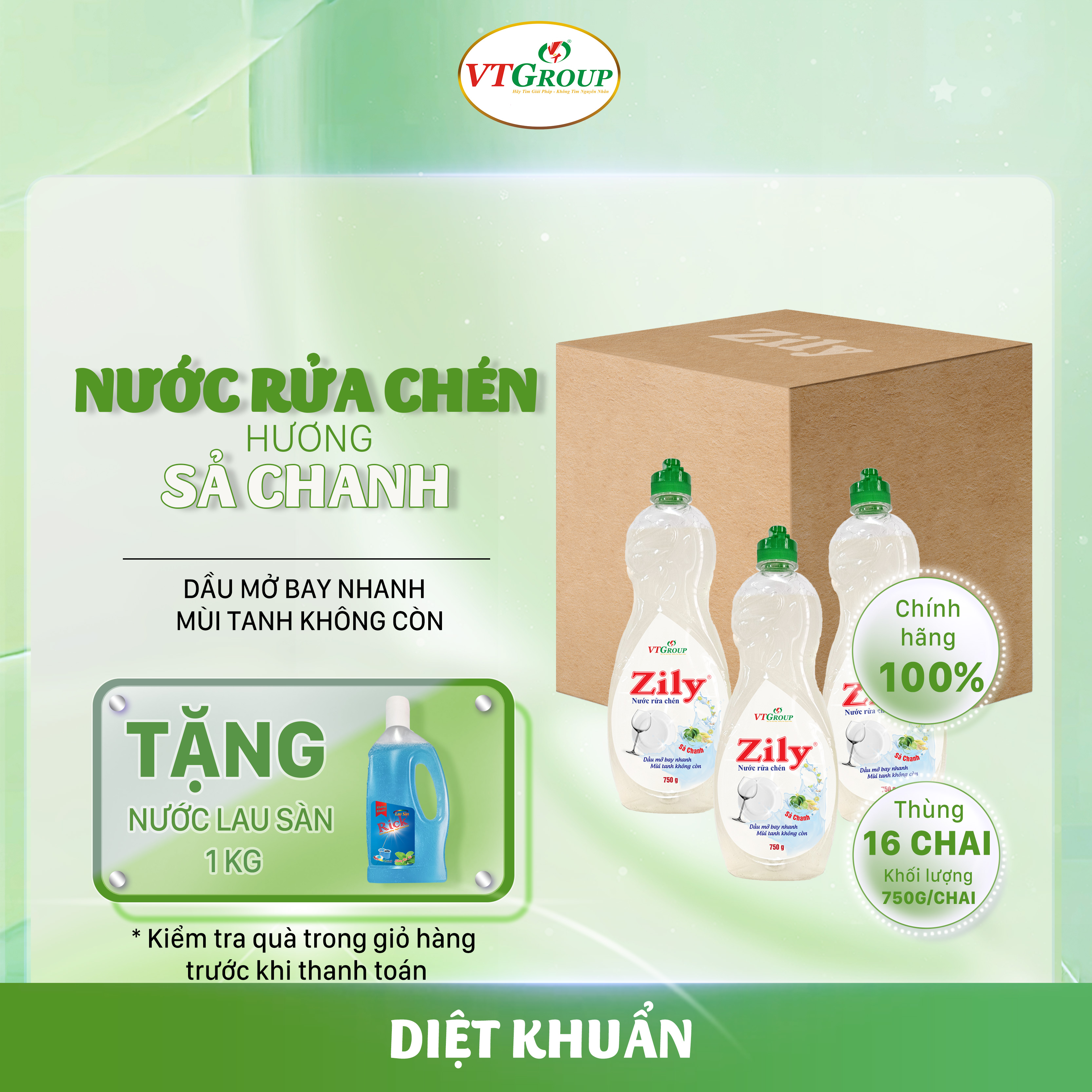 Nước rửa chén Zily 750g (16 chai/thùng) - Tặng 1 lau sàn 1kg