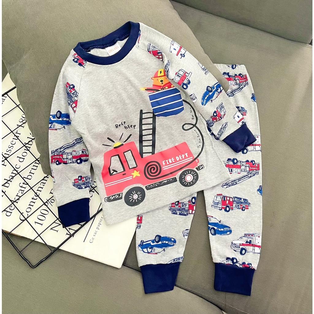 Bộ dài tay bé trai thun cotton borip xuất dư mềm mịn, in hoạt hình siêu cưng, Bộ đồ ngủ- đồ thu đông cho bé