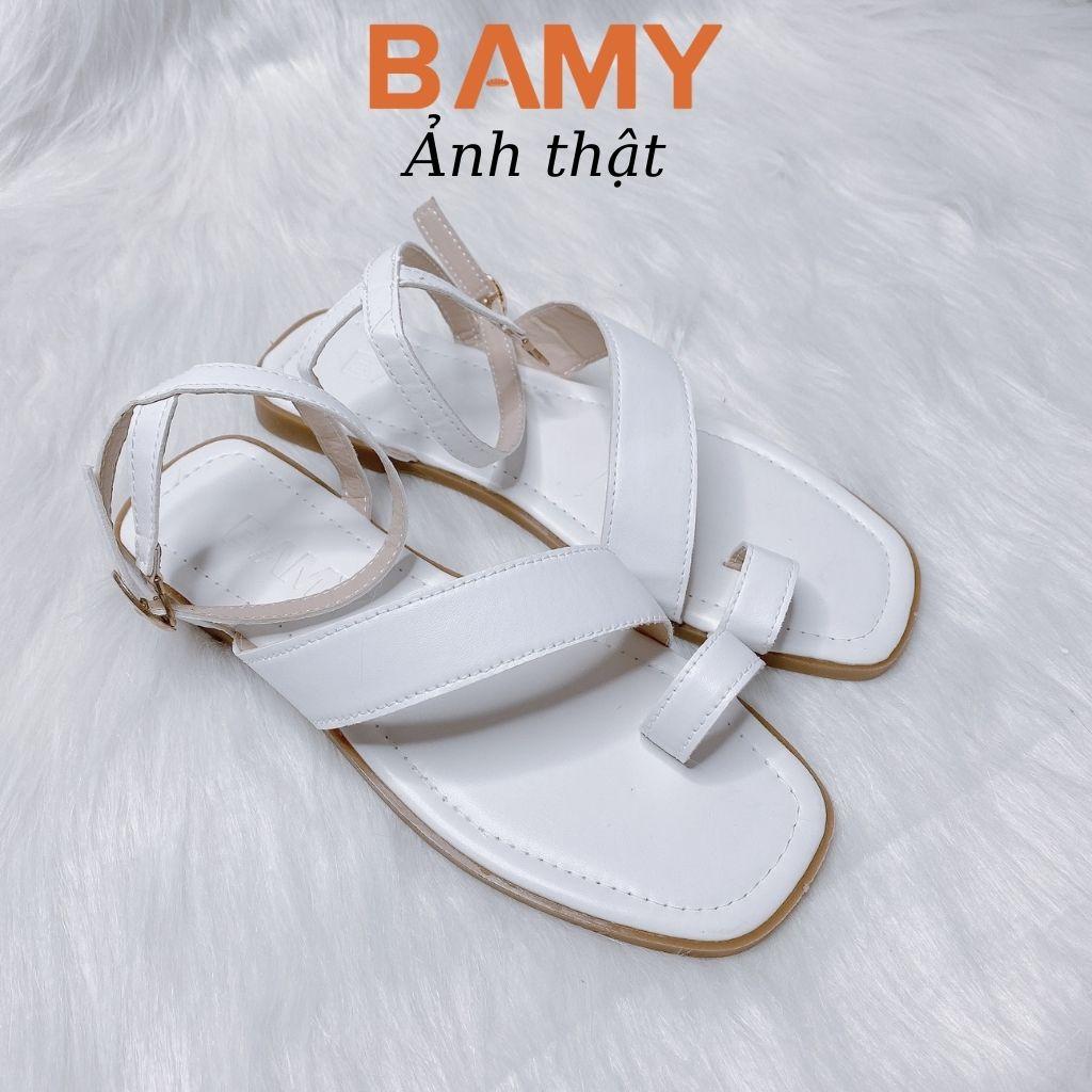 Giày (Dép) Sandal nữ xỏ ngón chiến binh BAMY đế bệt, quai chéo cài khuy cổ chân hot hè 2021 đi biển đi chơi đi học