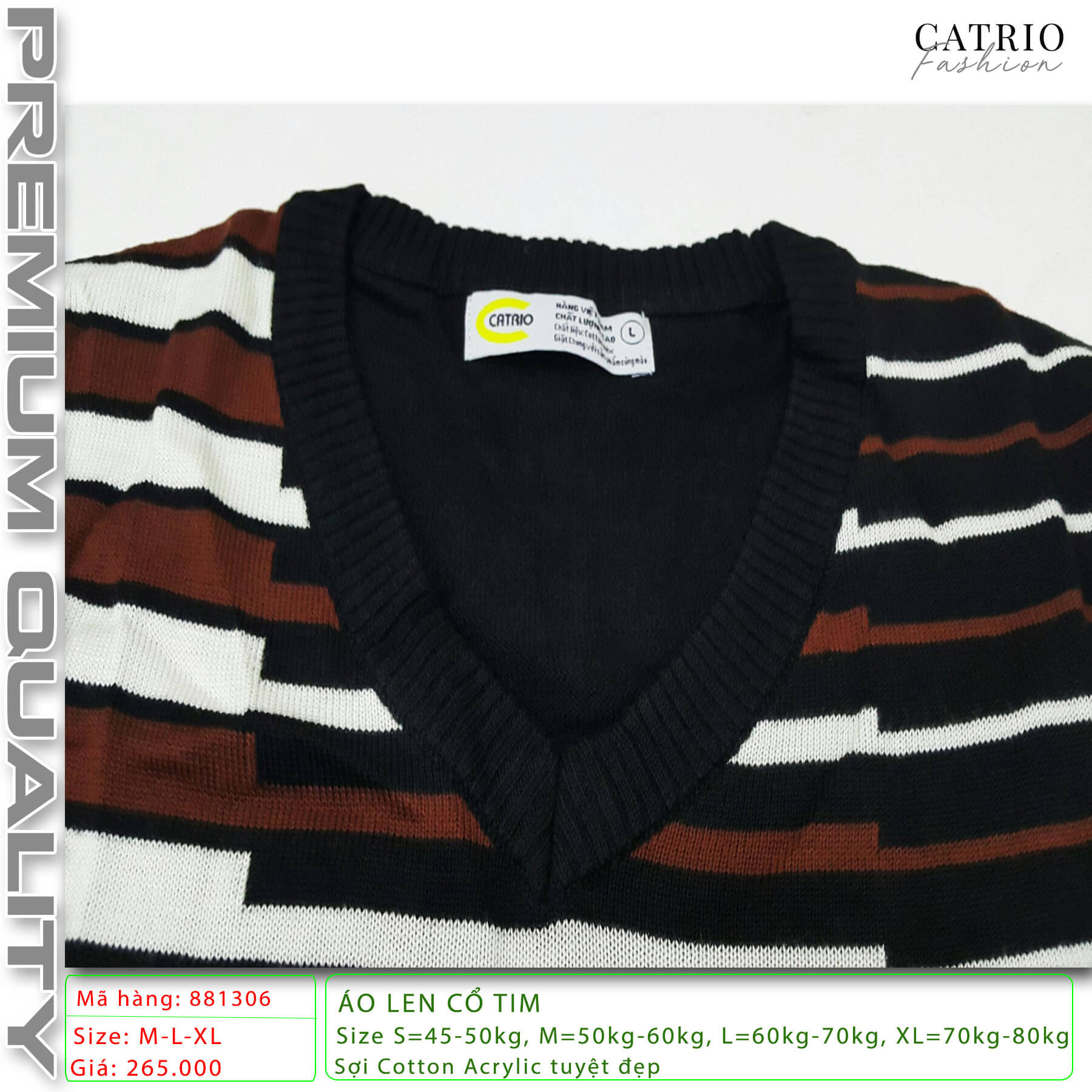 Áo len nam dài tay CATRIO MÃ 881306 phù hợp với thanh niên từ 50kg đến 80 kg, áo len nam có độ dày vừa phải, cổ tim để mặc ngoài áo sơ mi rất đẹp màu đen kẻ nâu