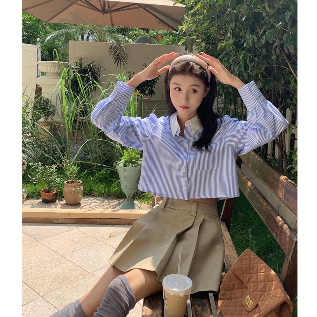 Áo sơ mi nữ croptop kẻ xanh hottrend phong cách Hàn Quốc năng động Kozoda SM90
