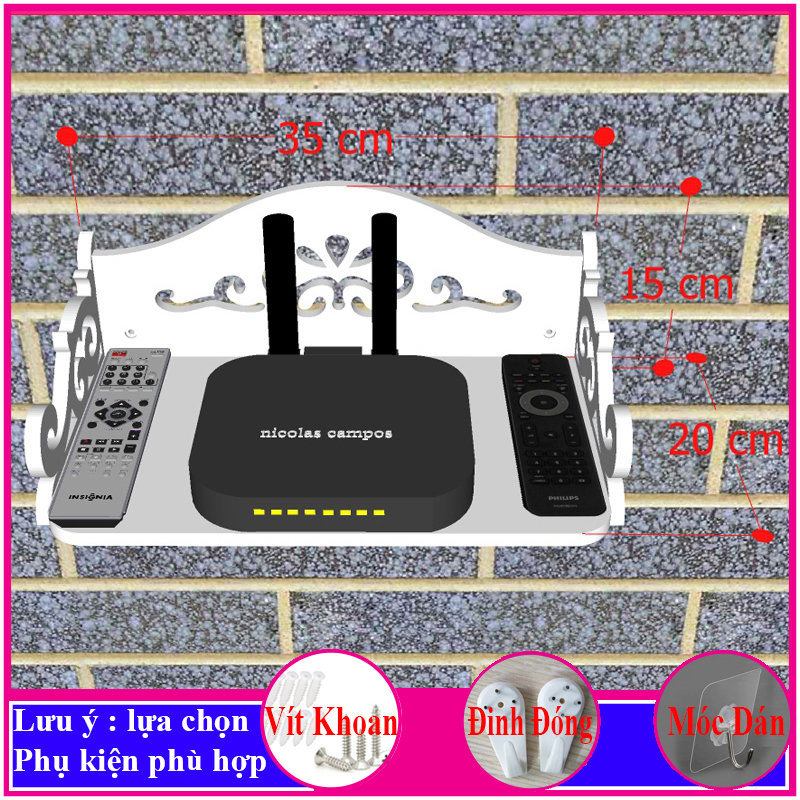 Kệ treo tường, kệ đặt modem wifi, đầu thu kỹ thuật số, remote, điện thoại, chất liệu gỗ Pitech cao cấp màu trắng - a04