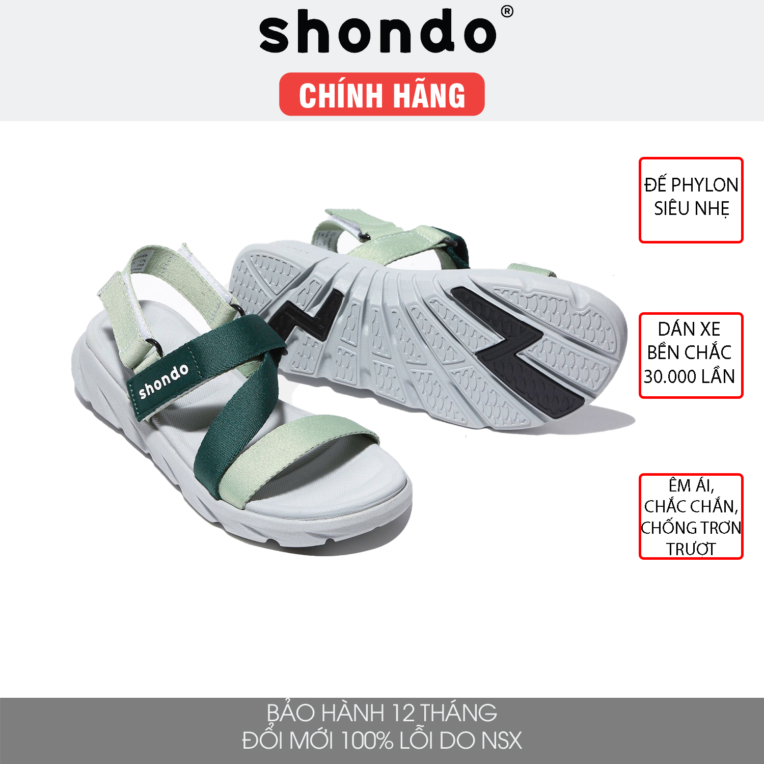 Giày sandal Shondo nam nữ đi học đế bằng ombre xanh lá F6S2140