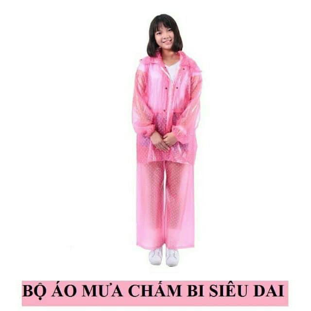 BỘ QUẦN ÁO MƯA CHẤM BI SIÊU DAI CHO NAM VÀ NỮ KÈM TÚI ĐỰNG TIỆN DỤNG