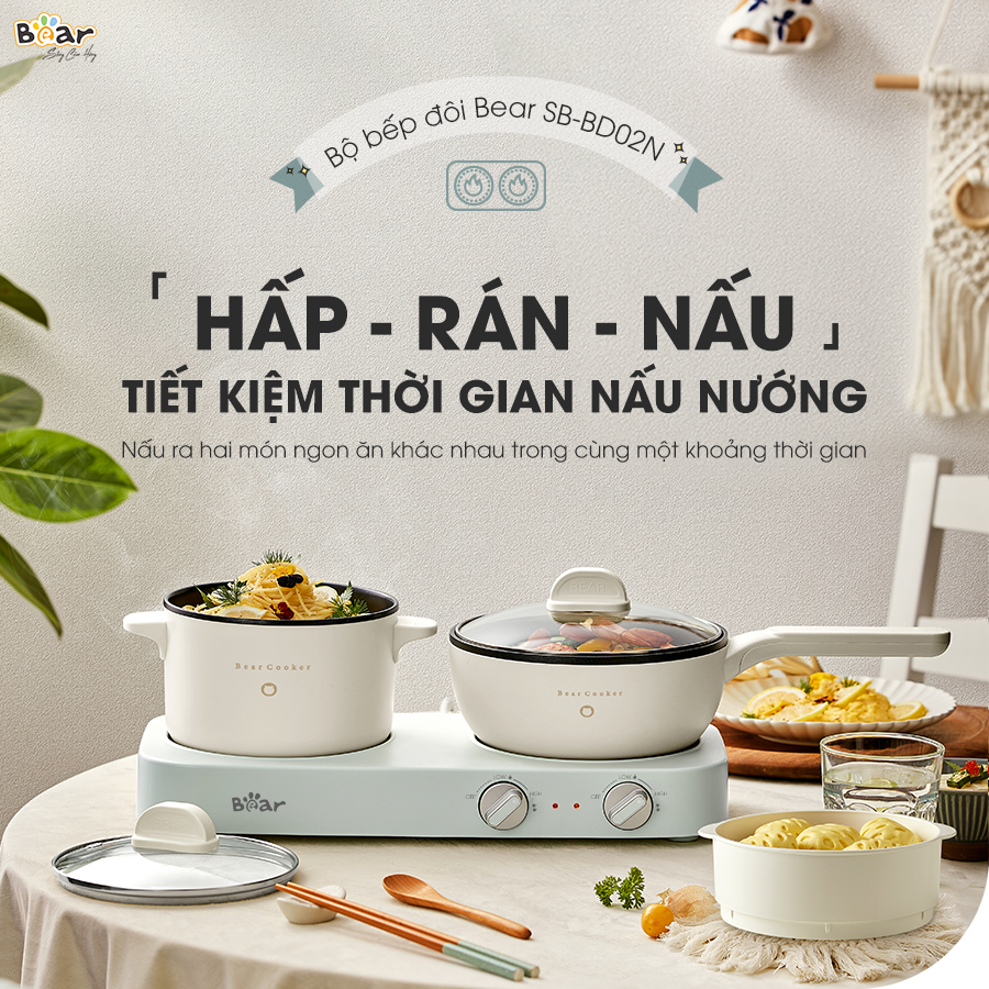 Bộ Bếp Điện Đôi Bear Kèm Nồi Chảo Đa Năng Hấp Luộc Chiên Tiện Lợi Tiết Kiệm Chi Phí Dễ Vệ Sinh SB-BD02N - HÀNG CHÍNH HÃNG