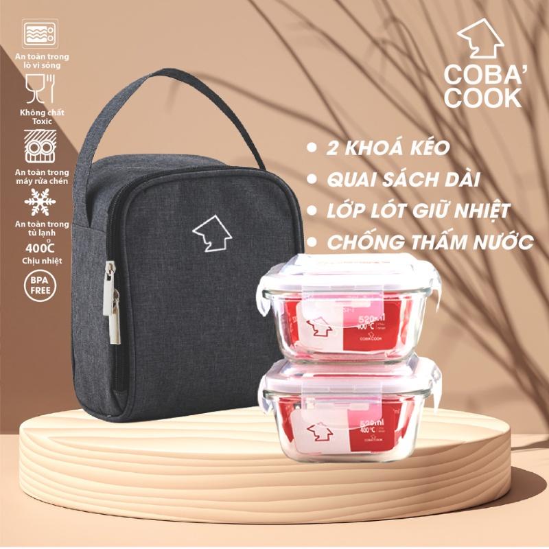 Bộ hộp đựng cơm thủy tinh chịu nhiệt hộp trữ thức ăn COBA'COOK 2 hộp vuông 520ml 1 túi giữ nhiệt hình vuông - CCS52BS