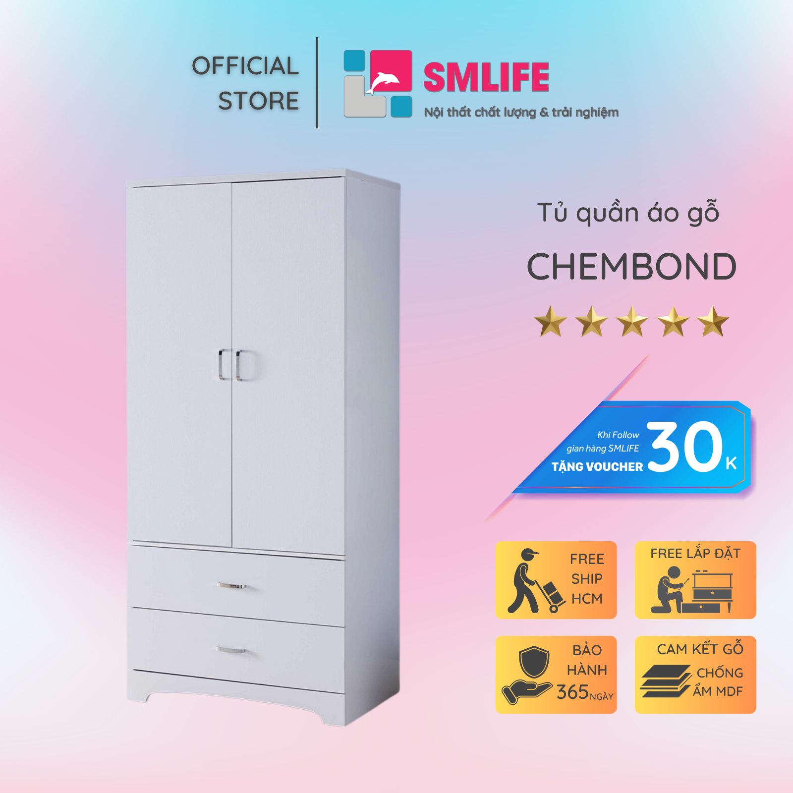 Tủ quần áo gỗ hiện đại SMLIFE Chembond | Gỗ MDF dày 17mm chống ẩm | D80xR50xC180cm