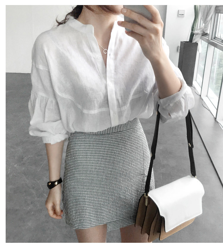 Áo Sơ Mi Lanh Nữ Hàn Quốc Cổ Trụ Chữ V Form Rộng Đi Làm Đi Chơi Thoải Mái ulzzang JD18