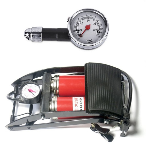 Combo Bơm hơi đạp chân 2 Pitton kèm Đồng hồ đo áp suất lốp xe cơ chuyên dụng cho ô tô xe máy