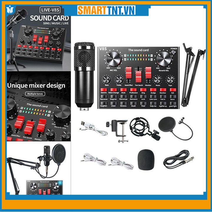 Trọn bộ sound card âm thanh V8S micro thu âm BM900 và phụ kiện kèm dây livestream