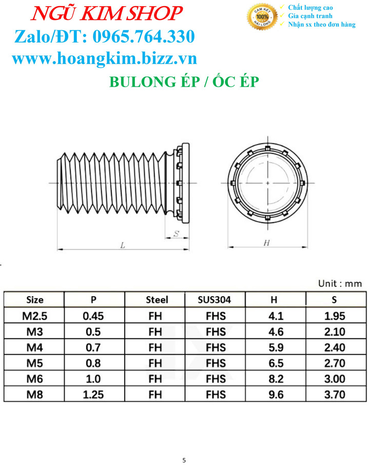 BULONG TỰ GIỮ _ BULONG ÉP _ ỐC ÉP M3, M4, M5, M6, M8