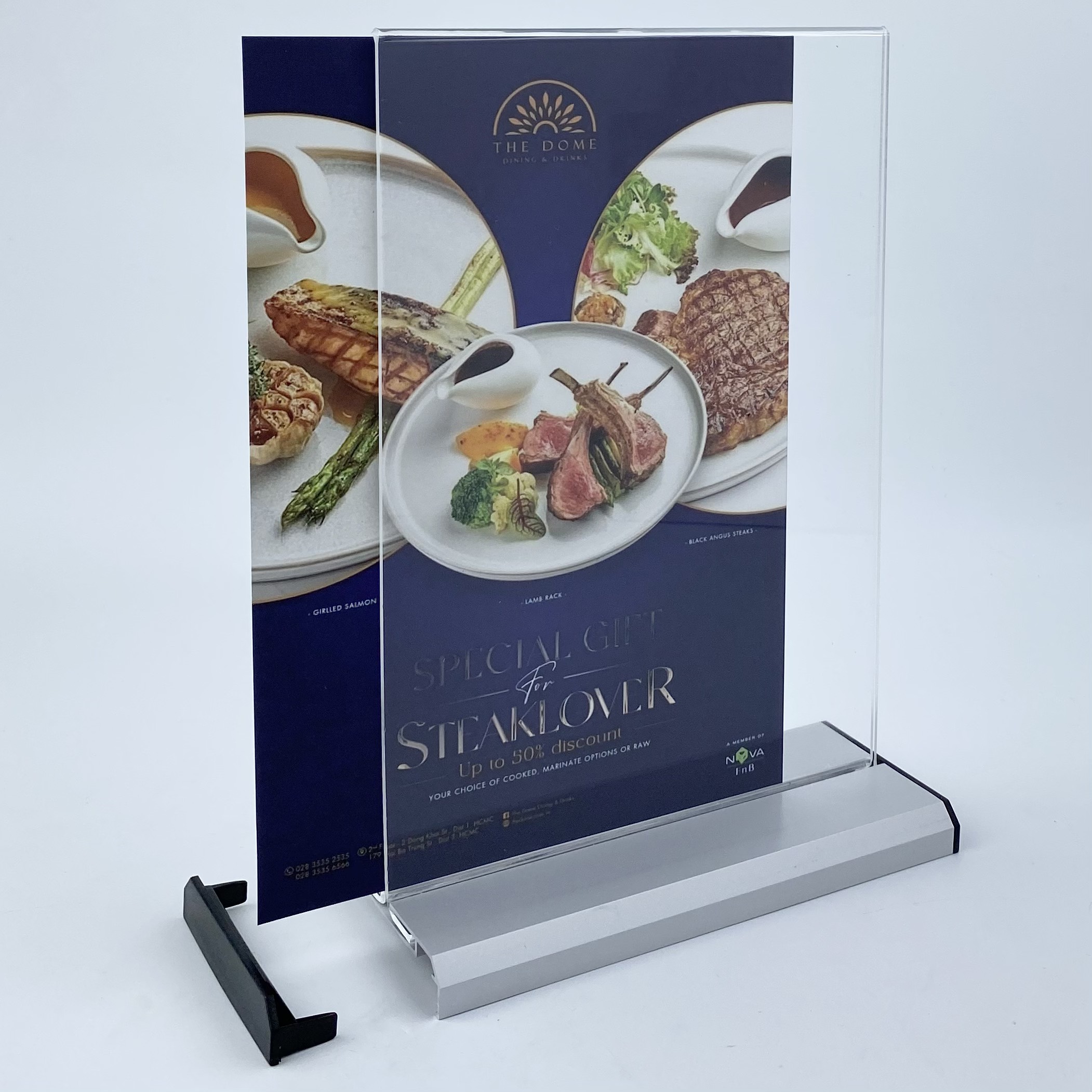 Kệ menu nhà hàng, Standee mica để bàn, Bảng quét mã QR Code, Kệ mica 2 mặt Enter E30 150x210mm đế nhôm A5 đứng