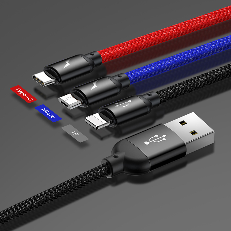 Cáp sạc 3 đầu Baseus Three Primary Colors 3-in-1 Cable USB For M+L+T 3.5A CAMLT-BSY - Hàng chính hãng