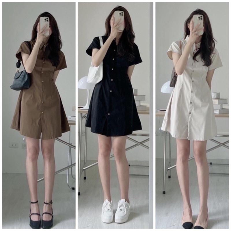 VÁY ĐẦM KAKI CỔ ĐỨC THÔ CHUN EO CÚC GỖ SIÊU XINH HÀNG ĐẸP