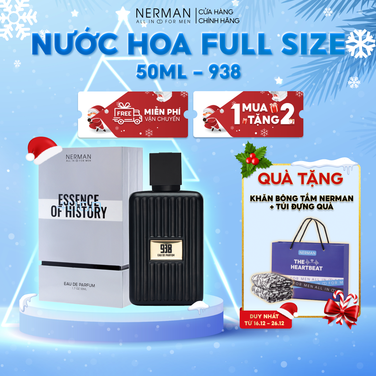 Nước hoa nam chính hãng Nerman - hương thơm nhẹ nhàng, tinh tế thu hút nữ giới, phù hợp đi hẹn hò, đi chơi, đi làm lưu hương tới 8h 50ml