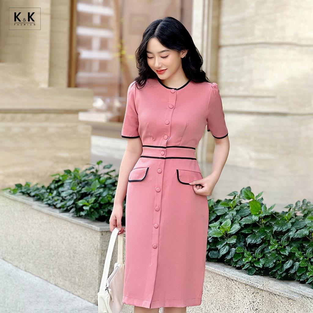 Đầm Công Sở Nữ Viền Đen Phối Nút K&amp;K Fashion KK119-31 Chất Liệu Kalan