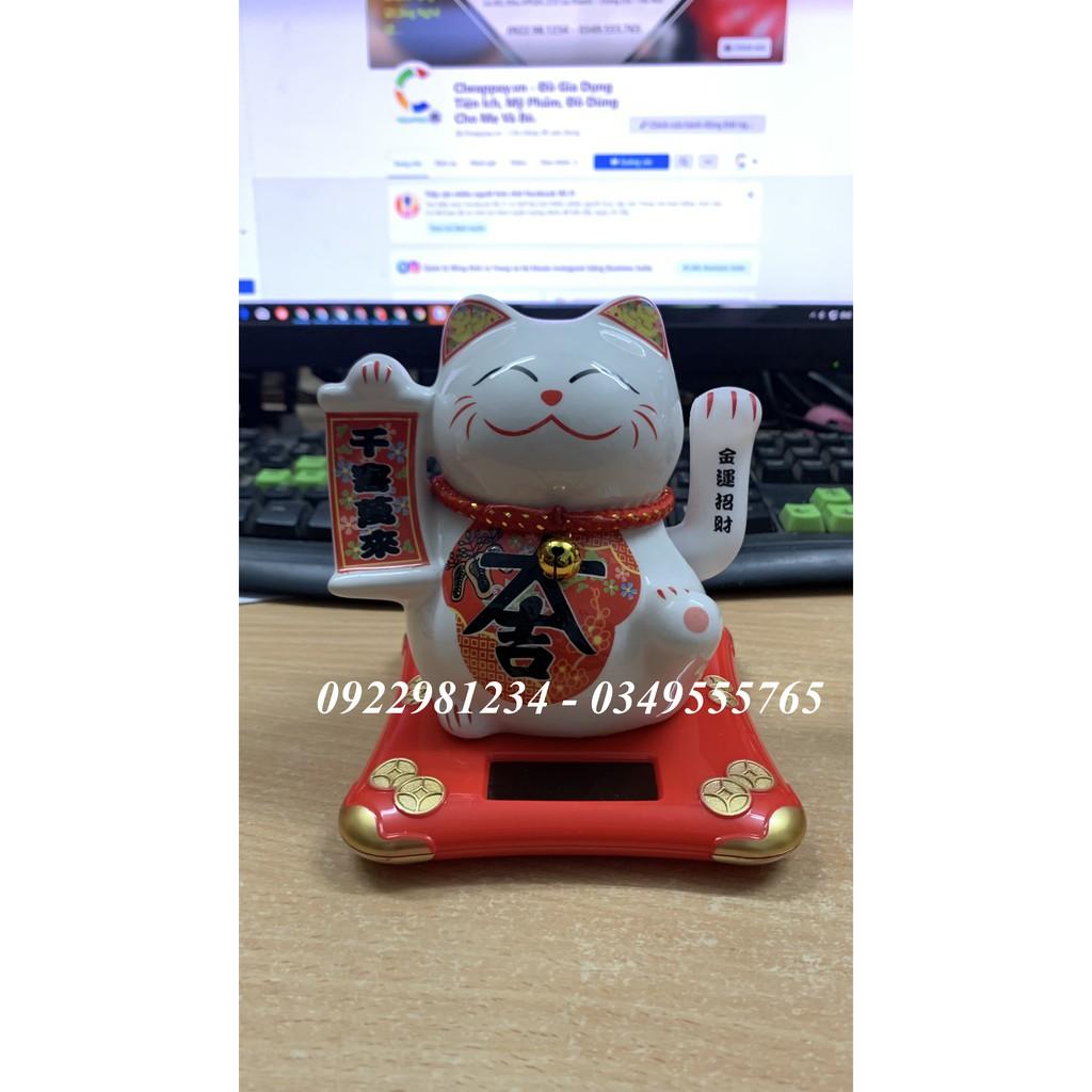 Mèo thần tài vẫy tay năng lượng mặt trời bằng sứ MT2 - size 13,9cm