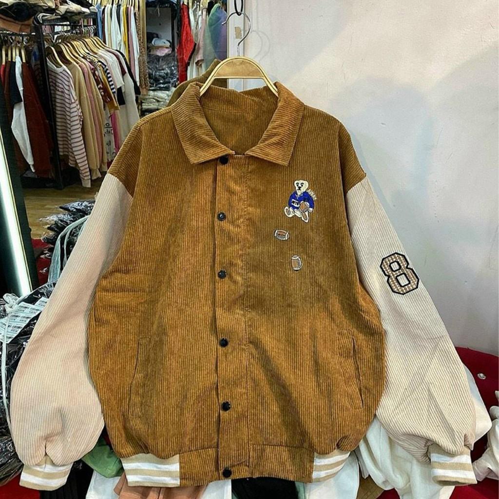 Áo Khoác Nhung THIFU FASHION Nhung Gân Mềm Mịn Tay Phồng, Mặt Lưng Thêu Hình Sắc Nét