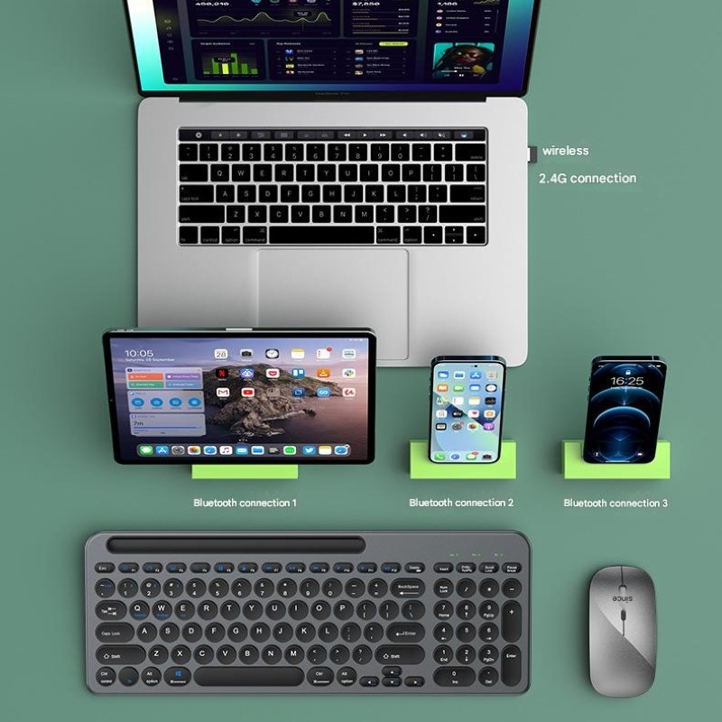 Bộ Bàn phím chuột không dây W709 có khe để điện thoại , máy tính bảng - kết nối bluetooth 5.0 + Usb 2.4g Pin sạc TypeC hàng nhập khẩu