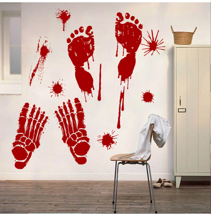 Decal trang trí dán tường- bàn tay và bàn chân máu Halloween