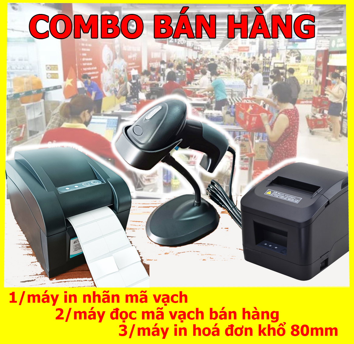 Hình ảnh Bộ thiết bị quản lý shop thời trang: Máy in tem mã, máy in hóa đơn, máy quét mã vạch