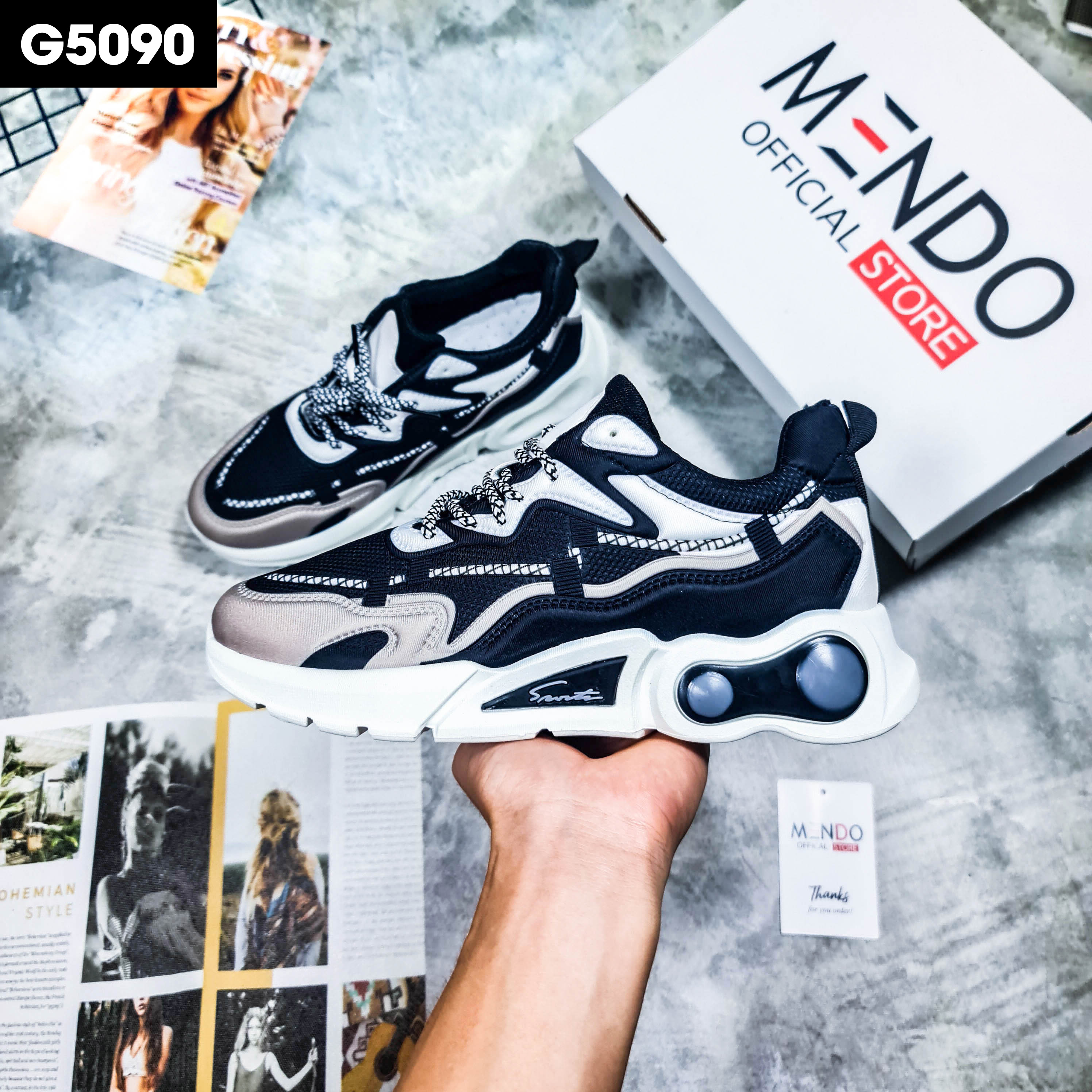 Giày Thể Thao Nam MENDO - Giày Sneaker Màu Đen - Đen Đỏ , Giày Thể Thao Dệt Kim, Nhẹ Nhàng, Êm Ái - G5090