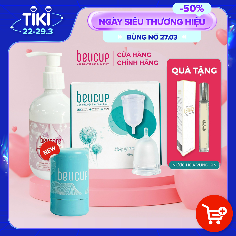 Combo 1 Cốc nguyệt san Silicone y tế Beu Cup - Băng vệ sinh kiểu mới, cốc nguyệt  san co giãn  + Kem tẩy lông OLLIE, tẩy lông bikini, nách, tay, chân, an toàn không đau rát dung tích 70ml