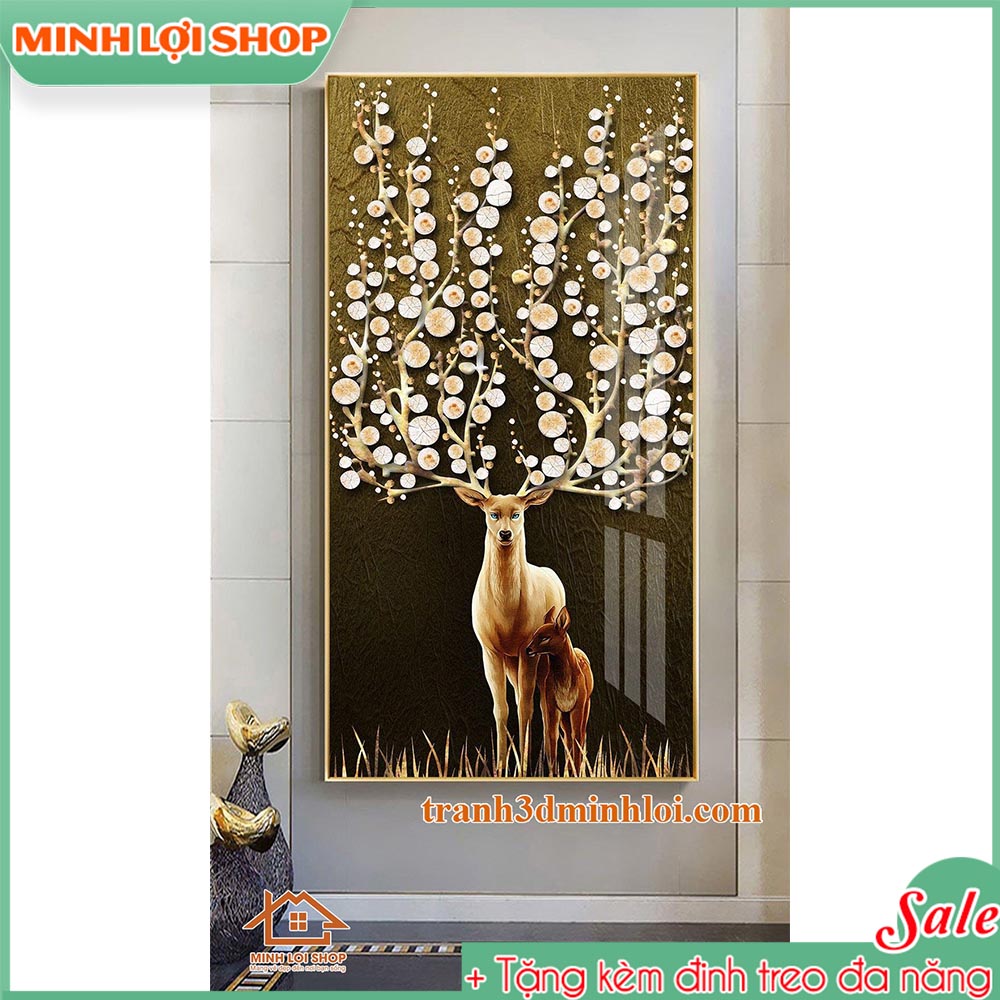 Tranh tráng gương cao cấp HƯƠU TÀI LỘC trang trí phòng khách TẶNG KÈM ĐINH TREO