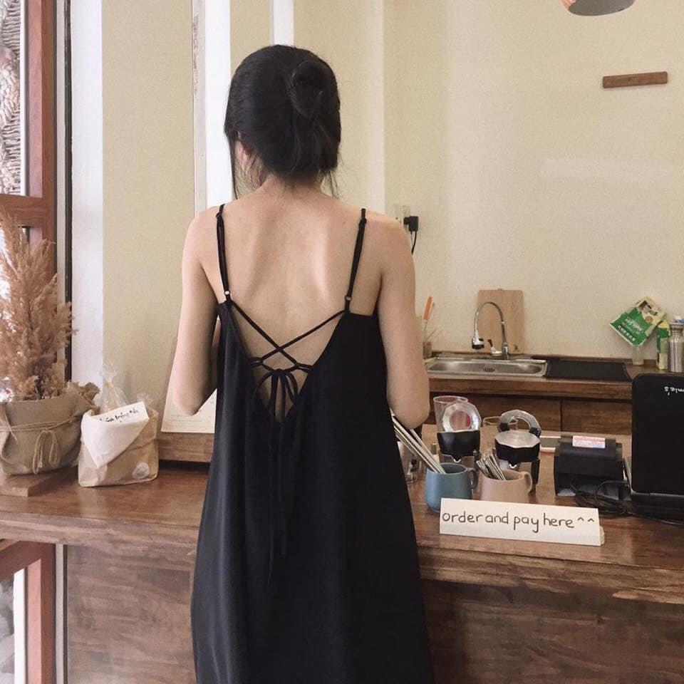 Đầm 2 dây dáng suông, Đầm đen hở lưng đi biển Cao Cấp cột nơ sau vải cotton mát mẻ, quyến rũ MiNhi