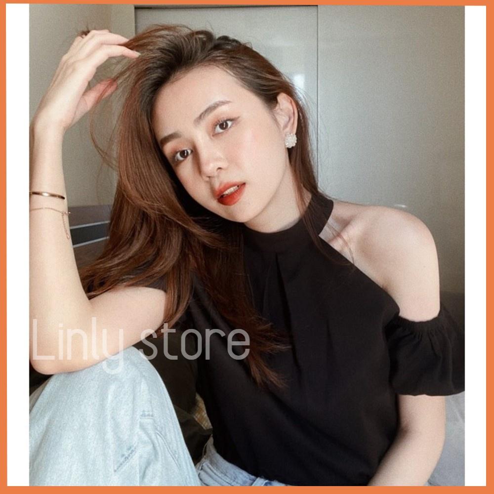 Áo hở vai cổ yếm 2 lớp – Áo trễ vai tay bồng chất linen – Croptop kiểu eo bo chun