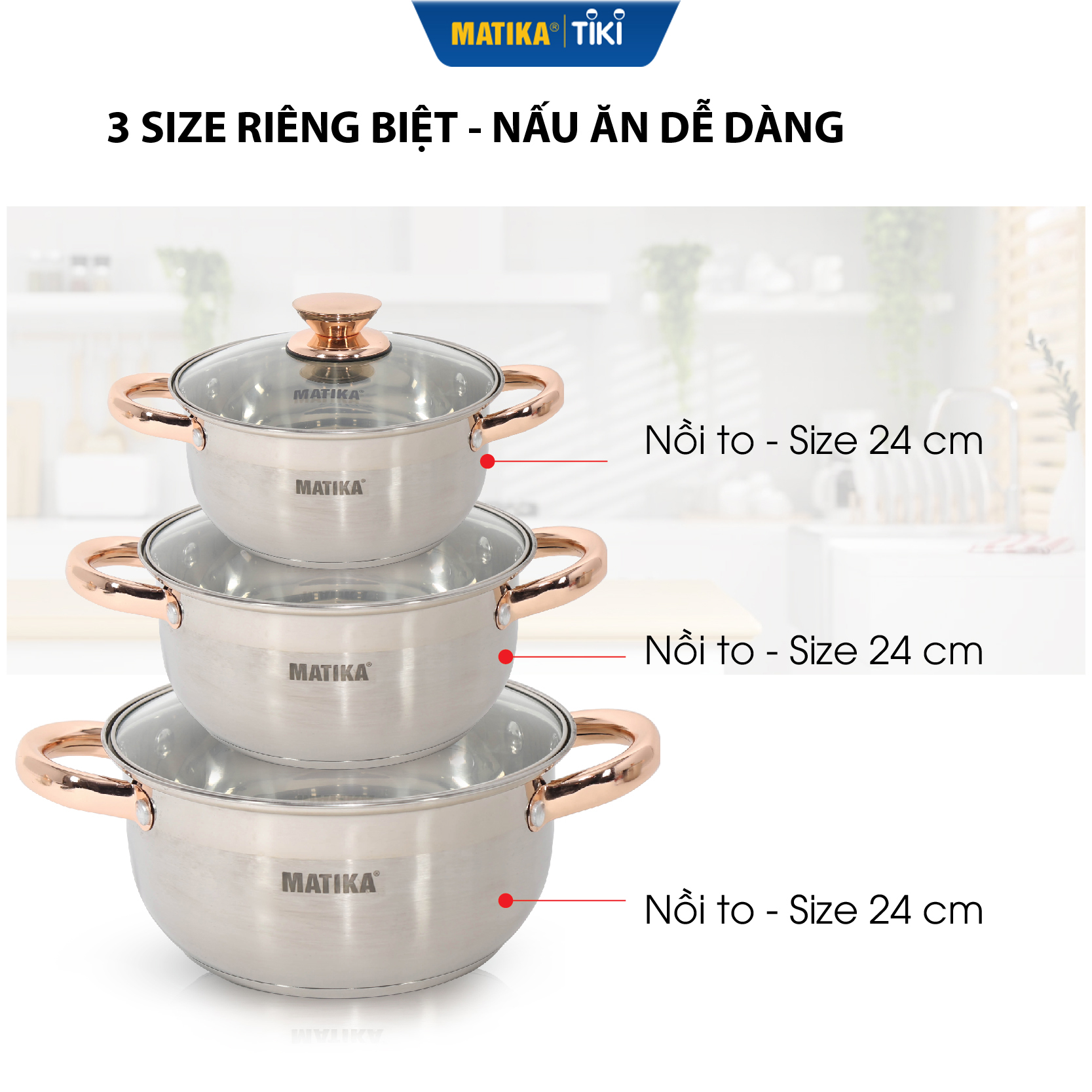 Bộ Nồi Inox 3 Đáy MATIKA MTK-C3 16, 20, 24 cm, Hàng Chính Hãng