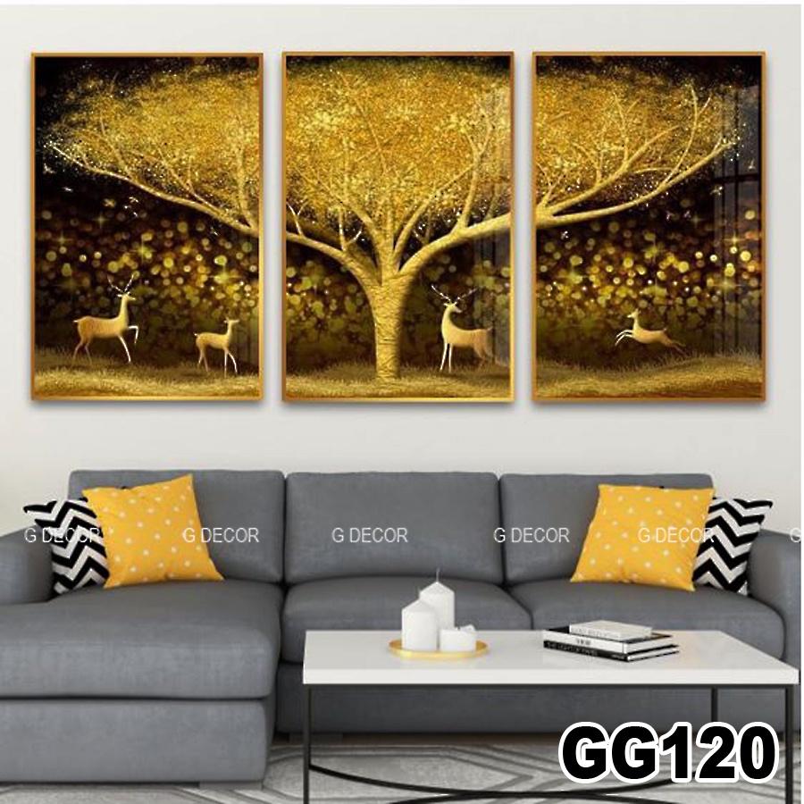 Tranh treo tường canvas 3 bức phong cách hiện đại Bắc Âu 162, tranh hươu tài lộc trang trí phòng khách, phòng ngủ, spa